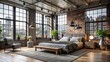 © Sirinporn - Modern carbon-gray loft bedroom features sleek wooden furniture, industrial-chic metal accents, and minimalist decor,