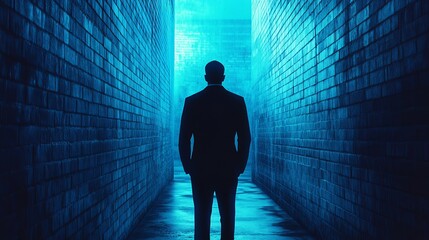 Wall Mural - A man is walking down a dark hallway with blue walls