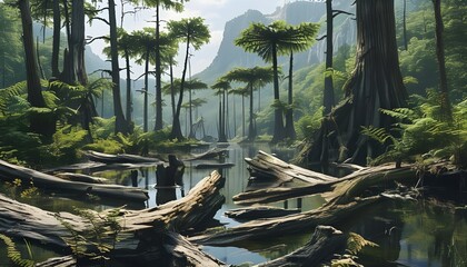 Wall Mural - Mysterious prehistoric fern tree forest with massive broken and fallen tree trunks submerged in a lush swamp ecosystem