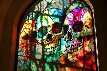 Canvas Print - Colorful Skulls in a Stained Glass Window.