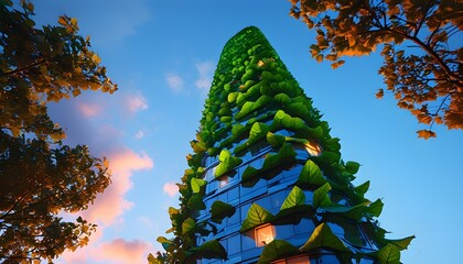 Striking green leaf-shaped skyscraper against a blue dusk sky, illuminated with warm lighting, showcasing innovative architectural design.