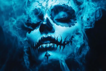 Wall Mural - Close-up of a Woman's Face with Blue Smoke and Halloween Makeup.