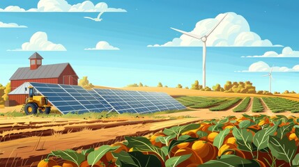 Wall Mural - The integration of renewable energy sources, such as solar and wind power, into farming operations is promoting sustainability