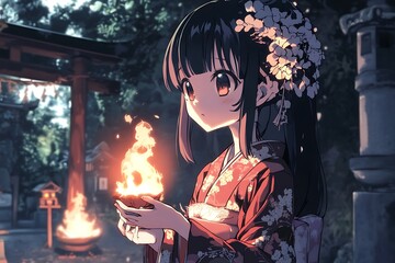 Poster - Anime Girl in Kimono Holding Flame in Japanese Garden.