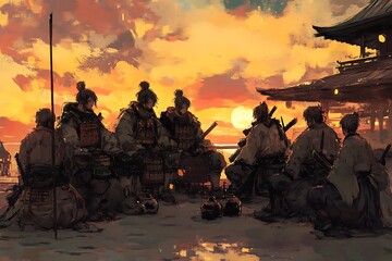 Sticker - Samurai Warriors Gathering at Sunset.