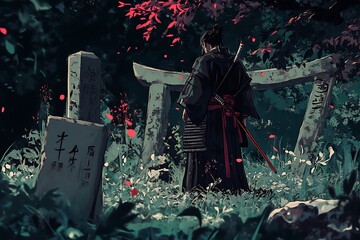 Canvas Print - Samurai Warrior Standing by a Torii Gate in a Forest.