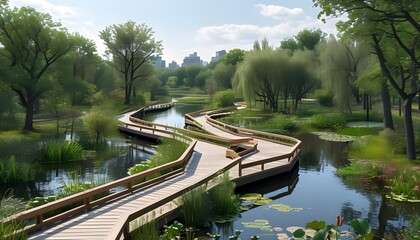 Wall Mural - Serene urban park with wetlands, winding boardwalks, and lush greenery of willow oaks and water lilies