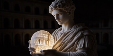 Wall Mural - A beautifully crafted sculpture of a young man holding a glowing sphere. The image captures a blend of classical art with a modern twist. Ideal for creative projects. AI