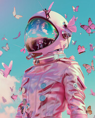 Wall Mural - An astronaut in a pink spacesuit surrounded by butterflies against a blue sky. A surreal and whimsical combination of space and nature.