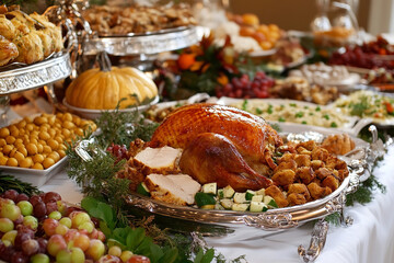 Wall Mural - Festive Thanksgiving Buffet Spread Enjoyed with Friends  