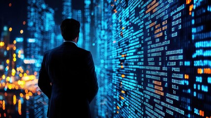 Businessman Overlooking Digital Cityscape at Night