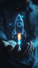 Poster - Entrepreneur showcasing a digital hologram of a rocket launch, symbolizing startup, innovation, and technology