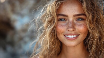 Young woman with curly blonde hair and freckles smiles brightly against a natural backdrop during daylight, radiating joy and warmth