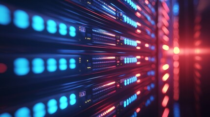 Poster - an in-depth look at a server rack illuminated by a warm glow, revealing its intricate web of lights 