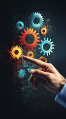 Aufkleber - Businessman is pointing at digital gears mechanism on dark background, concept of startup, planning and strategy