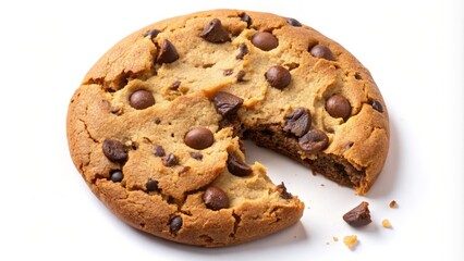 Brown cookie shaped logo with chocolate chips and a bite taken out of it