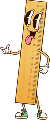 Poster - School education ruler groovy character. Isolated cartoon vector retro cheerful stationery, measuring tool personage pointing with a sticking tongue, ready to measure and educate kids students