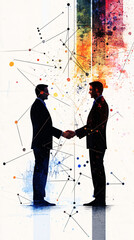Poster - Two businessmen shaking hands in front of an abstract background with connecting dots, symbolizing agreement and partnership