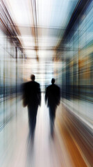 Poster - Two businessmen walking in a modern office building corridor with motion blur effect
