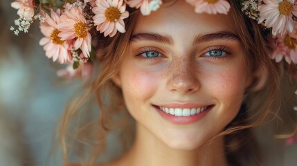 Young woman with a floral crown smiling joyfully against a blurred background in soft natural light