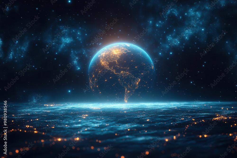 planet earth enveloped in glowing digital network grid space backdrop ...