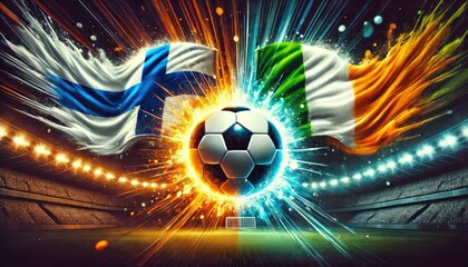 Wall Mural - Finland vs Ireland Football Match with soccer ball and fire on the background of the soccer stadium, UEFA Nations League B, Group 2, Match Concept