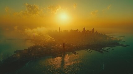 Canvas Print - Aerial view of a city skyline at sunset over water.