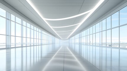 Wall Mural - Bright modern airport terminal featuring an expansive white interior and floor-to-ceiling windows, ensuring a spacious, minimalist design with natural light flooding in.