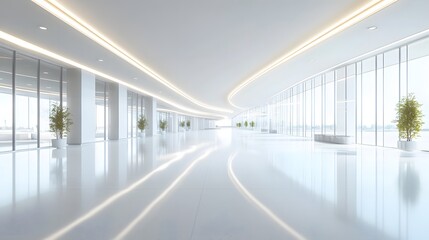 Bright modern airport terminal featuring an expansive white interior and floor-to-ceiling windows, ensuring a spacious, minimalist design with natural light flooding in.