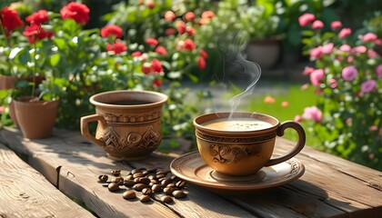 Wall Mural - Freshly Brewed Coffee on Rustic Table in Lush Garden Setting