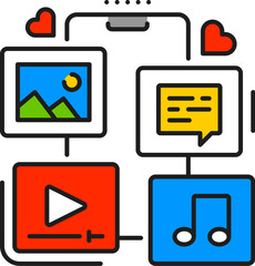 Leinwandbilder - Web blogging or social media content line icon. Digital social media video, photo or music content, Internet multimedia technology or online blogging line vector pictogram. Web blogger outline icon