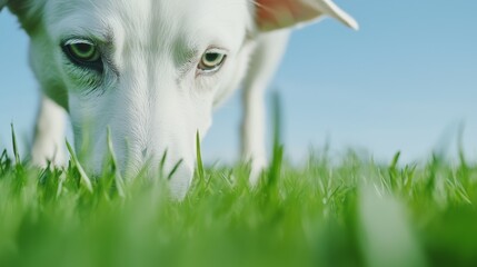 A close-up of a sheepdog eating grass, its ears standing tall, capturing the peacefulness of a sunny day on the farm.