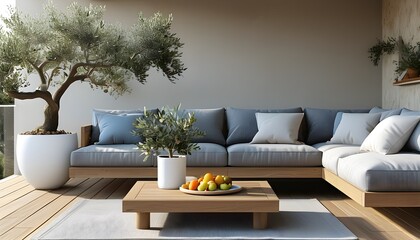 Elegant outdoor patio featuring oak wood couch, grey cushions, olive tree in white pot, light blue throw pillows, and coffee table adorned with fresh fruit