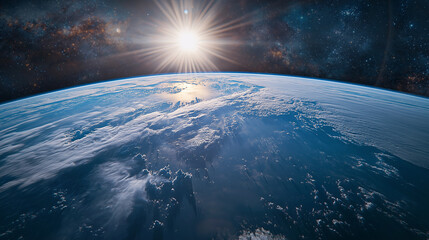 Wall Mural - clouds on planet earth from space, rising shining sun, satellite view of stratosphere cloudscape