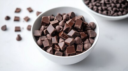 Poster - A bowl of chocolate chips and chunks on a white countertop, ready for baking or snacking, showcasing their versatile use in various recipes.