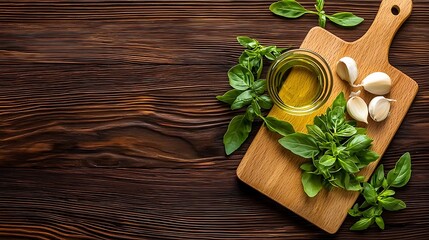 Fresh basil, garlic, and olive oil bring Mediterranean warmth to a wooden cutting board.