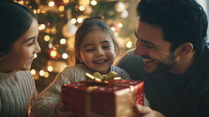 happy latino family celebrate new year with gifts at home