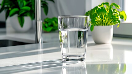 A glass of water sits simply on a kitchen countertop, bathed in natural light.