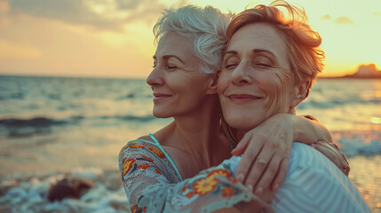 Best friends for life. Cropped shot of two attractive mature women hugging while standing on the beach