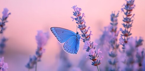 Stock photo of two fluttering butterflies on a field of wild blue flowers, tonally shaded in blue and purple.