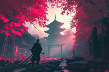 Poster - Silhouetted Samurai in a Mystical Japanese Garden.