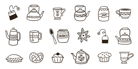 Wall Mural - cozy fall tea pot and cup doodle sketch icons set