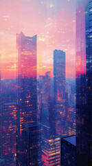 Poster - Modern buildings of a big city shining at sunset, with an artistic double exposure effect