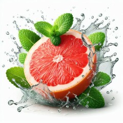 Grapefruit with mint and water splash isolated on white background