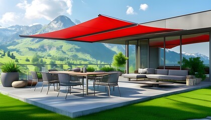 Vibrant modern terrace with red awning and stylish outdoor furniture basking in summer sun overlooking lush meadows and majestic mountains