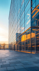 Fototapete - Modern office building reflects the setting sun in its glass windows, creating a stunning urban skyline embodying success and corporate finance in the bustling downtown district
