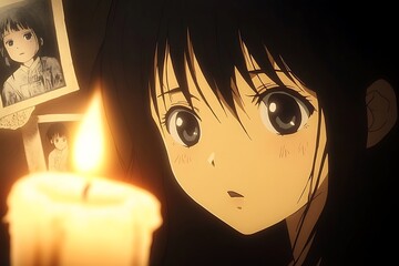 Sticker - Anime Girl Looking at a Candle with Photos in the Background.