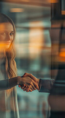 Poster - Business man and business woman shaking hands in the lobby of a modern office building