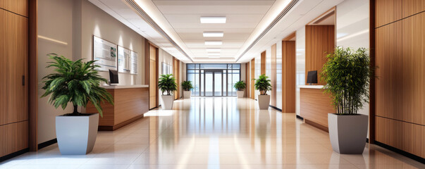 Wall Mural - A bright and spacious office hallway featuring plants, wood-paneled walls, and a polished floor leading to an entrance.