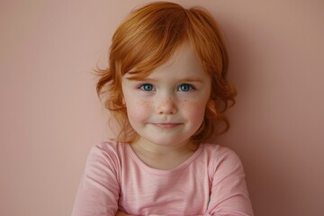 smiling redhead child portrait set against a soft pink background